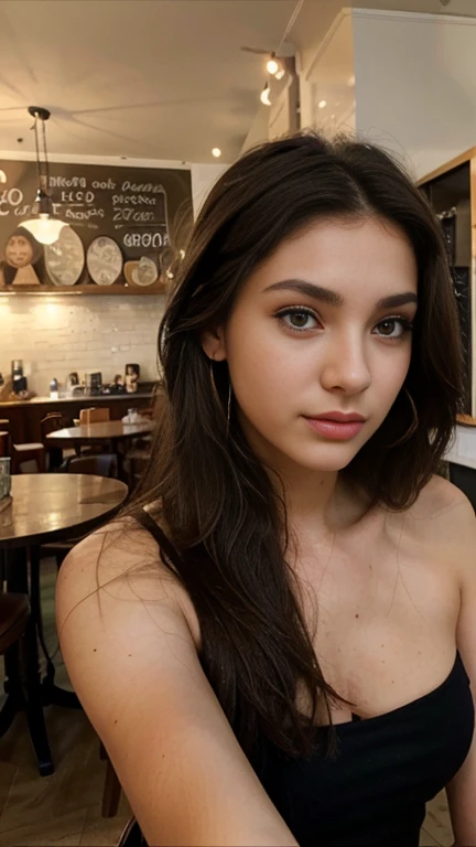 Photo of a 20 year old brunette woman., who has a very natural face,  thin lips, fine eyes, thin eyebrows, fine nose, earrings, long eyelashes. She takes a cute selfie in a cafe.