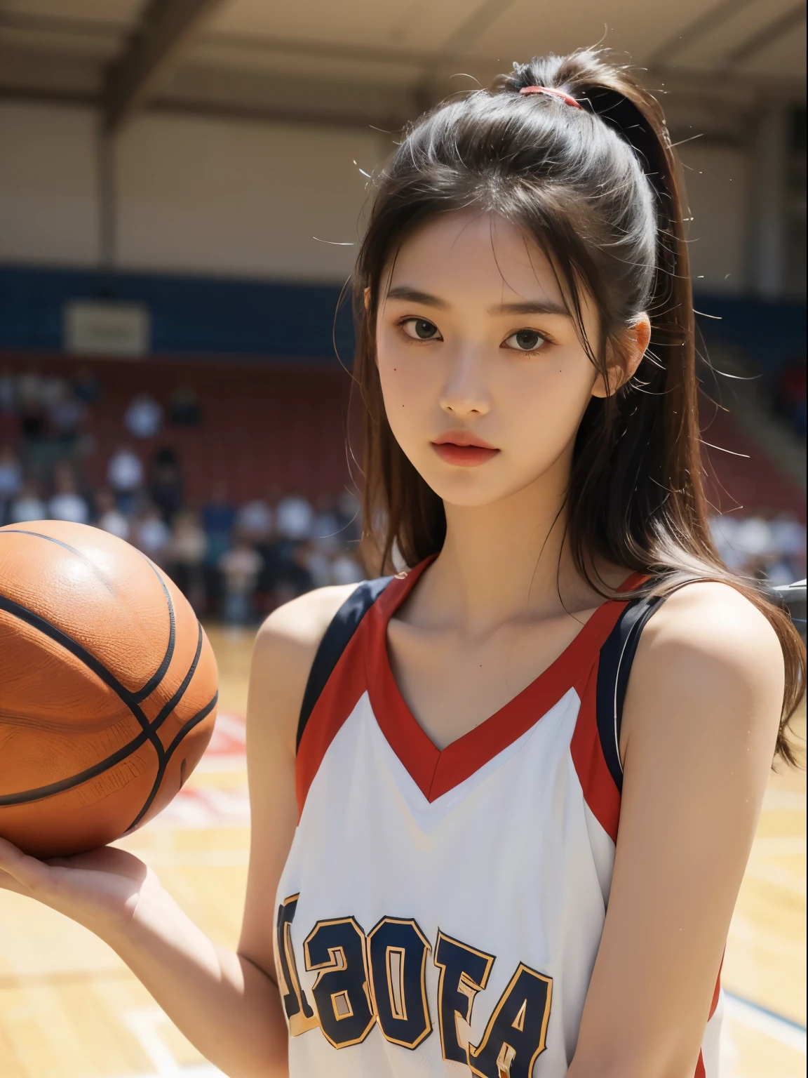 (8k, Top quality, Masterpiece:1.2), (Realistic, photo-realistic:1.37), Super detailed, perfect anatomy, cute, small eyes, 18 years old, a Japanese, girl, basketball uniform, at basketball court, huge breast,