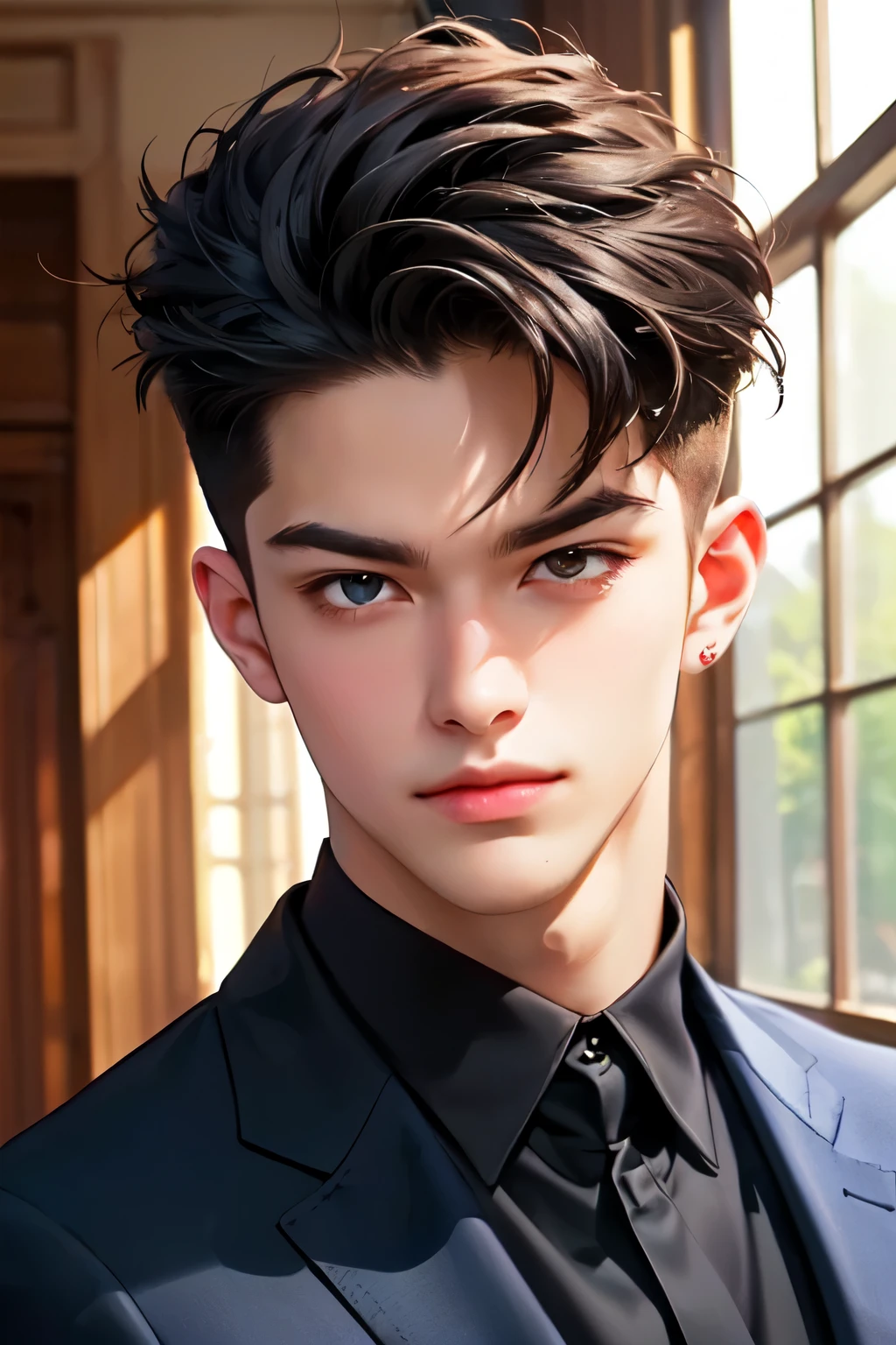 ((best quality)), ((masterpiece)), (detailed), 1 boy, bad boy, cute face (20 year AS Adult), black hair, short hair, Sharp eyes, eagle eyes, smirk, smooth skin, charming, fresh, handsome, stronger, psycho, jealous boyfriend, windows Castel background frame