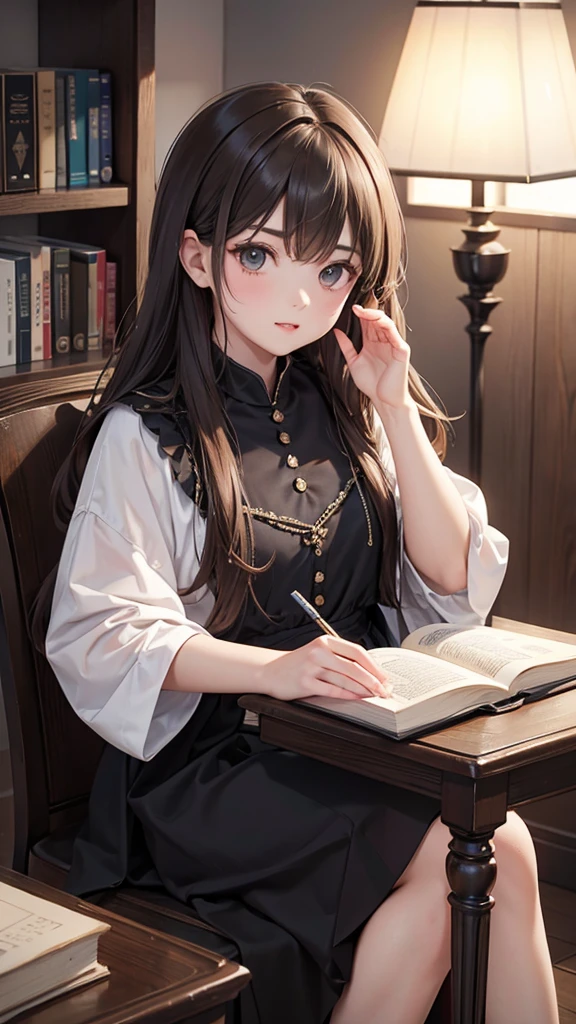 (masterpiece), best quality, ultra-detailed, extremely delicate and beautiful, dynamic angle, dynamic pose, (1girl), in a high collar blouse, skirt, silver necklace, white socks and black shoes, reading a book with great care and concentration, surrounded by retro elements of the Taisho period, such as record players, antique vases, and classic lamps, in a lightly lit, elegant room with warm golden light.