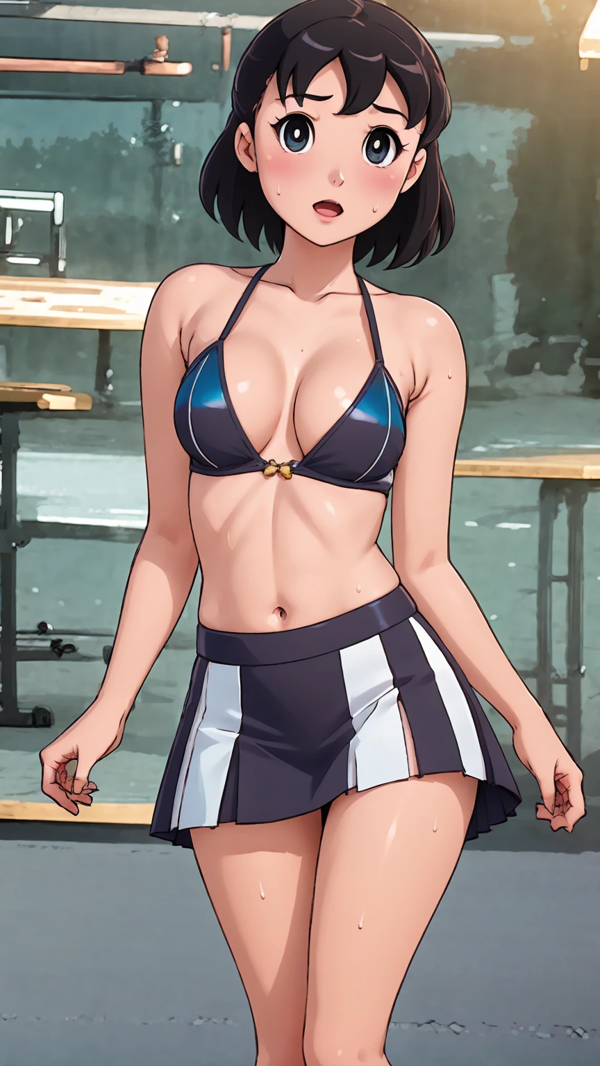 ((((highest quality)))), (((Ultra-precision CG 16K))), (((masterpiece))), (((Very detailed))), (((Extremely detailed))), (((Black outline:1.3, Written boundary depth:1.3 , Written soft outline))),  Beautiful details sparkle ,Perfect Proportions, Limited to three woman, BREAK accurate, Anatomically correct, Highly detailed face and skin texture, drawn in detail, Highly detailed facial and skin texture, Detailed eyes, beautiful hair, Beautiful Japanese Idol face, Beautiful and beautiful eyes, Beautiful body, Beautiful breasts, Beautiful thighs, Beautiful legs, Beautiful fingers, (Beautiful views) , skinny body, ((Beautiful Skin)), ((Skin Texture)) BREAK breast enlarged, large Breasts, rocket breasts, slender waist, (blush, determined expression, workout, hot, sweating, sweaty, Heavy breathing,) BREAK (no-bra, sporty fashion , low rise, mini-skirt,beautiful background,shizuka,hot,