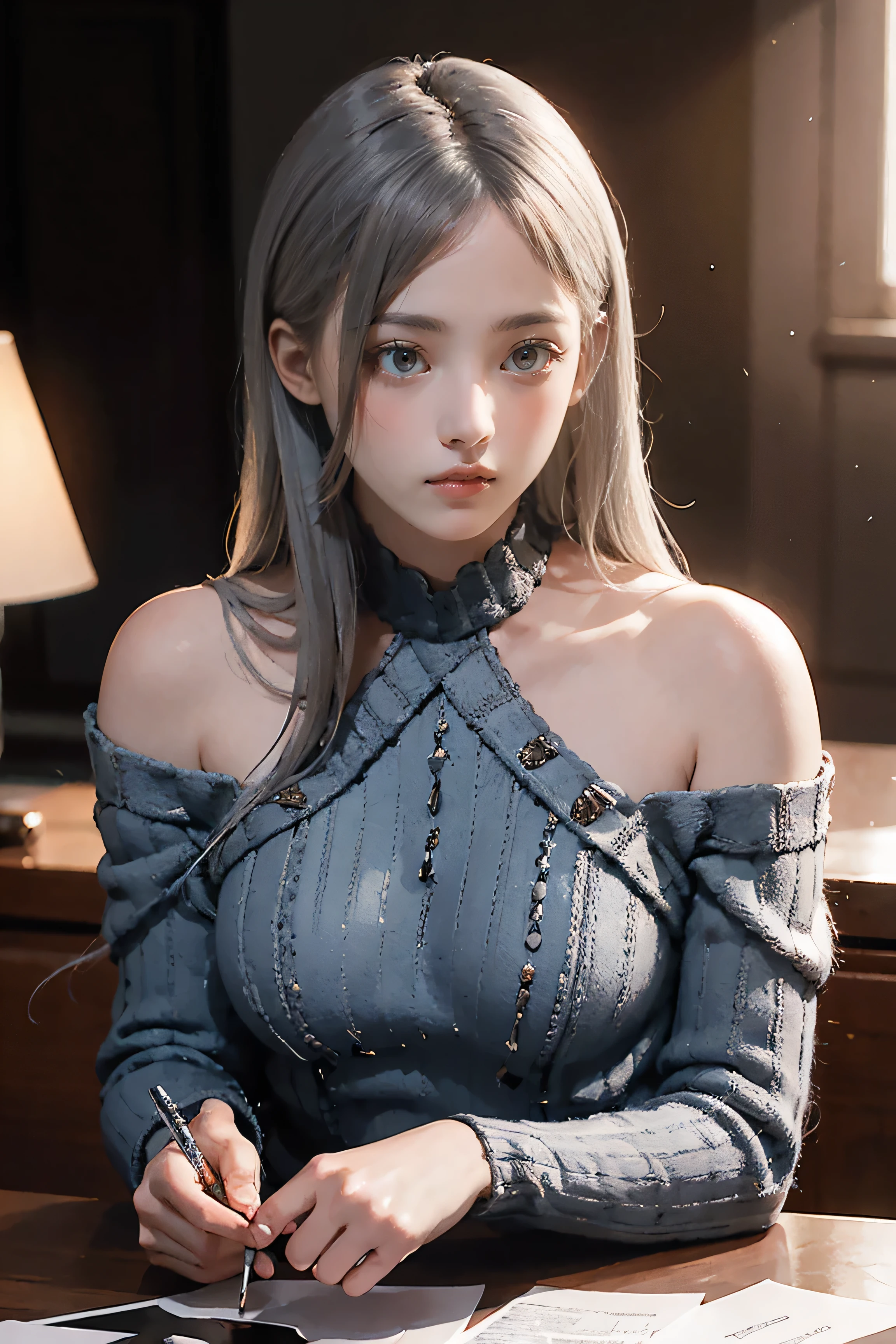 masterpiece, Warm color palette,Light of the sun,Light art,(Attention to detail:1 1), insufficient々New face, Gray Hair,Off-the-shoulder clothing,Large Breasts,Natural Skin, high quality, Browsing Caution, Beautiful Eyes, (Detailed face and eyes), (face: 1 2), noise,extra, Actual photo shoot, .PSD, Lamp Film Photo, Sharp focus, Contrast lighting, Delicate skin, High resolution 8k, Very detailed, Realistically, Professional photography, 8k