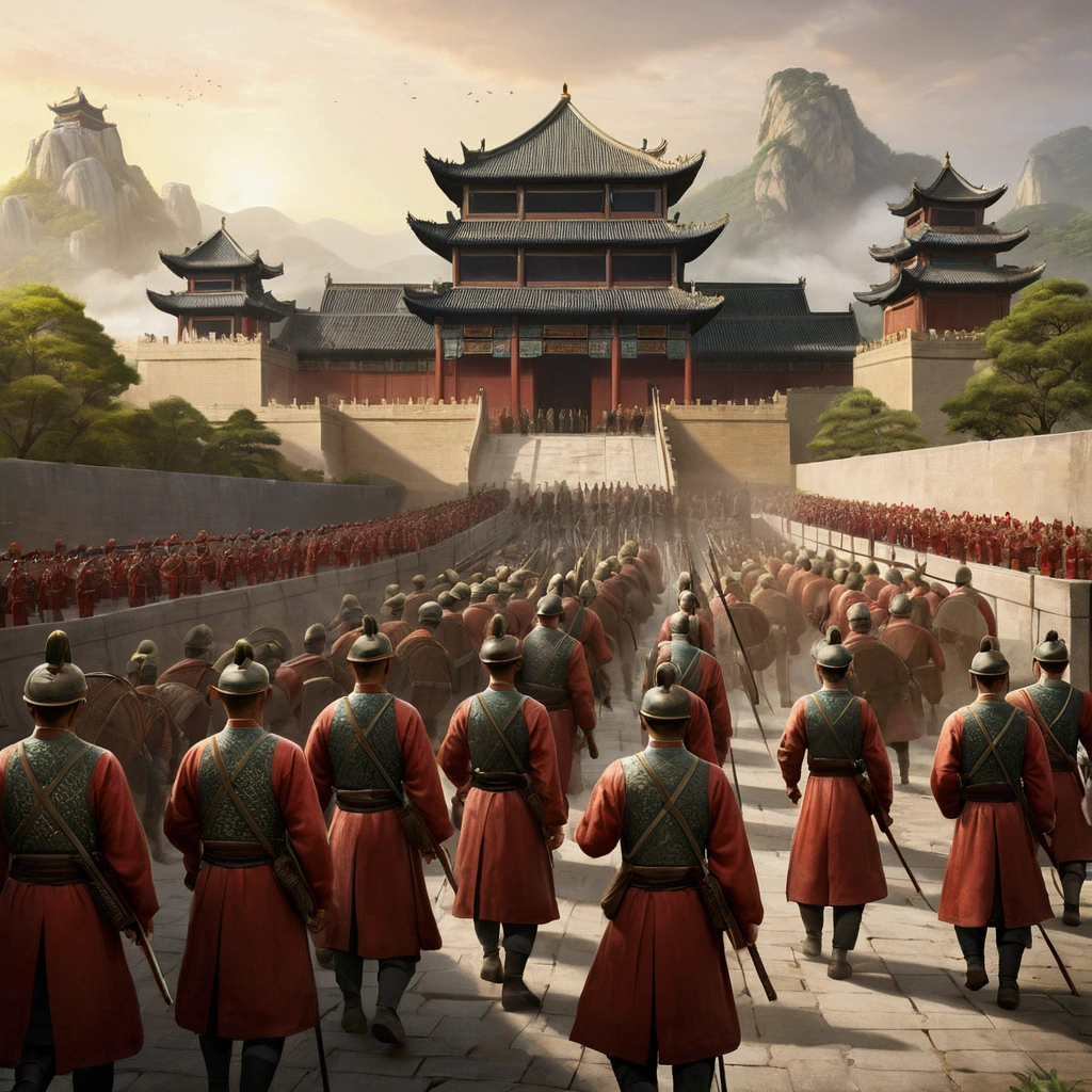 {
"prompt": "A detailed image of the enemy army advancing cautiously towards the city gates, their expressions wary and suspicious. A leader at the front signals his soldiers to stop, raising his hand in a gesture of caution. The soldiers' body language indicates their unease, with the open city gates and Zhugue Liang playing his instrument in the distance. The background includes traditional Chinese landscape elements.",
"size": "1024x1024"
}
