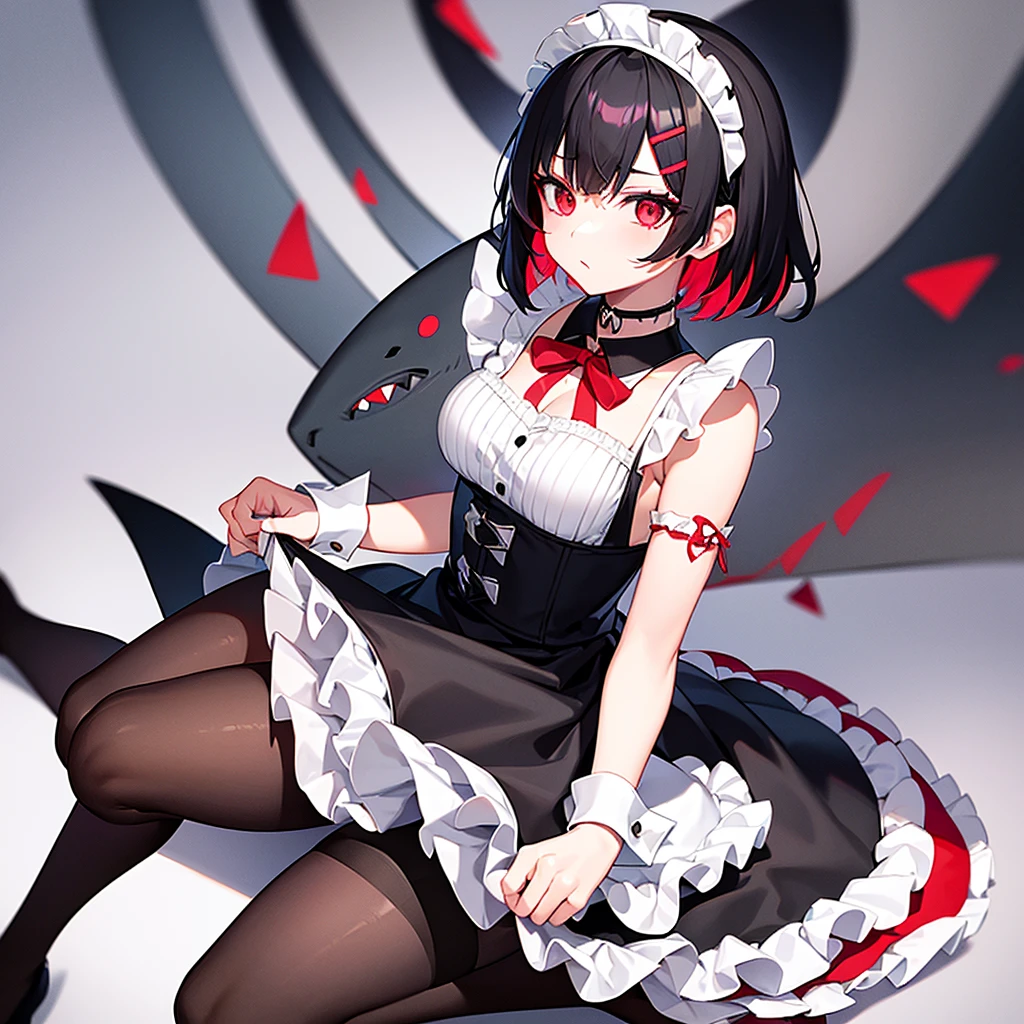 Ellen, 1girl, solo, (one_shark_tail), medium breasts, black hair, short hair, multicolored hair, red hair, bangs, hairclip, red eyes, eyeshadow, eyelashes, eyeliner, spiked choker, maid headdress, black dress, wrist cuffs, puffy short sleeves, maid apron, pantyhose, high heels