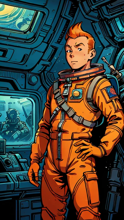 (Teens:1man: Tintin), (extremely detailed CG unit 8k wallpaper),(master part), (best quality), (ultra detali), (best illustration),(Valerian & Laureline Comic Style), cowboy shot, (Sharp eyeliner, ombre, detailed eyes:1),Dark midnight derelict spaceship interiors background, ,break , (astronaut in an orange space suit), upper body, short hair, orange hair