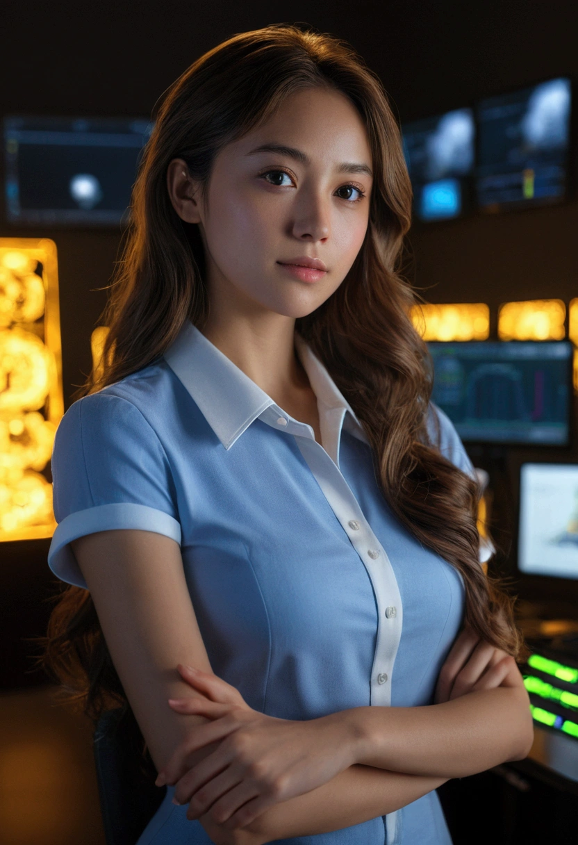 realistic,8k,film,70mm,1girl,solo,upper body,dim,backlight, professional crypto trader attire, (masterpiece, best quality, ultra-detailed)