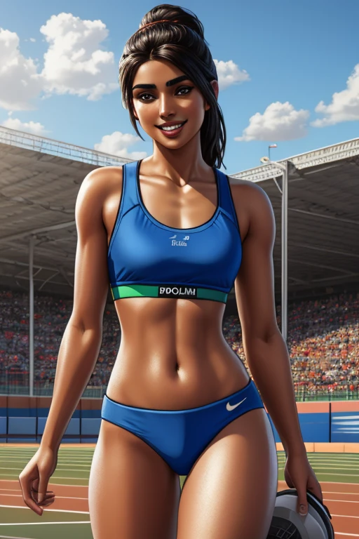 beautiful 23-year-old Pakistani girl, in blue sports bra and bottoms, smiling, teeth, shes very confident, outside on track field, ((slim, petite)), masterpiece, high contrast, photorealistic digital art trending on Artstation 8k HD high definition detailed realistic, detailed, skin texture, hyper detailed, realistic skin texture, armature, best quality, ultra high res, (photorealistic:1.4),, high resolution
