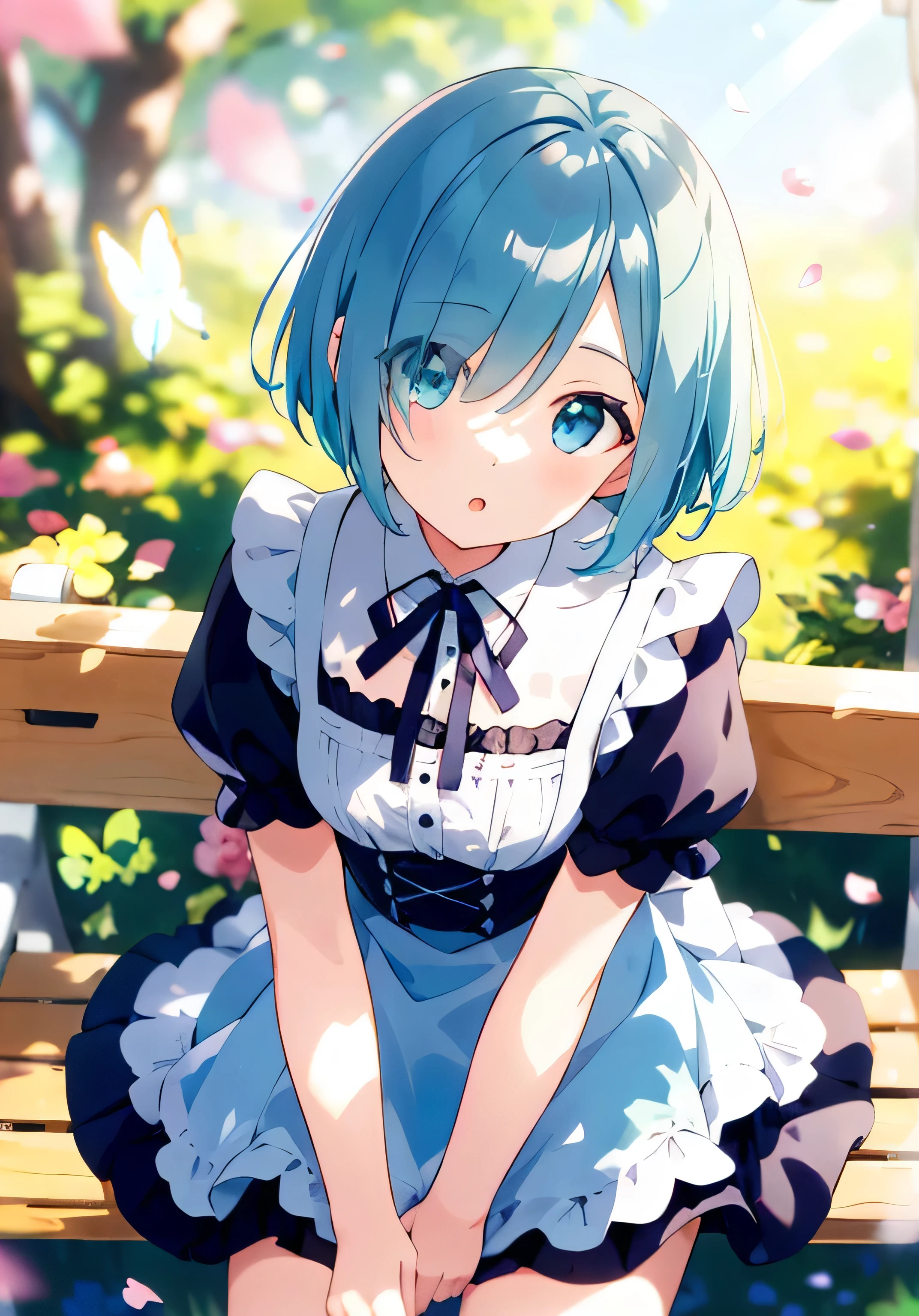 ((solo:1.2)),cute girl sitting on bench in garden,frilled dirndl,from above,looking up,cobblestone pavement,aqua hair,fine bob cut,(hair over one eye),(dappled sunlight:1.2),blurry,(depth of field:1.1),head tilt,:o,(petals),tree,butterfly