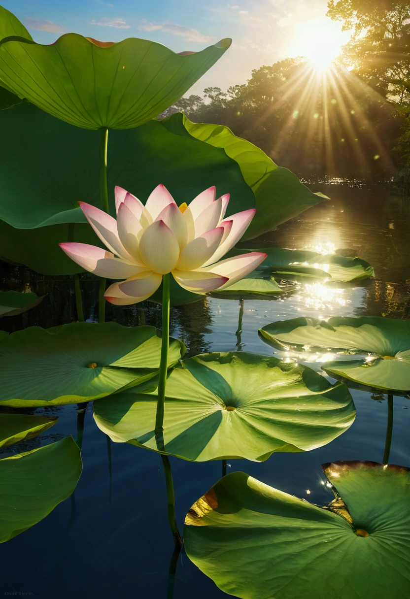 (close up:1.5), (Solitary:1.5), lotus, Green Stem, Silt emerges from the water, Golden Light, aura background, Divine Light, Ray Tracing, Negative Space, Ultra HD, Retina, masterpiece, precise, Super Detail, High Detail, high quality, high resolution, 16K
