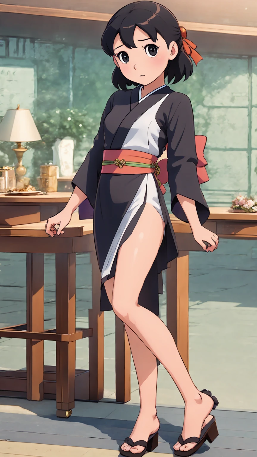 (Masterpiece, Best Quality:1.2), solo, 1girl, Itsuki  ,unamused, closed mouth, looking a viewer, hand on our face, sitting, Short black kimono ,big thighs,crossing leg