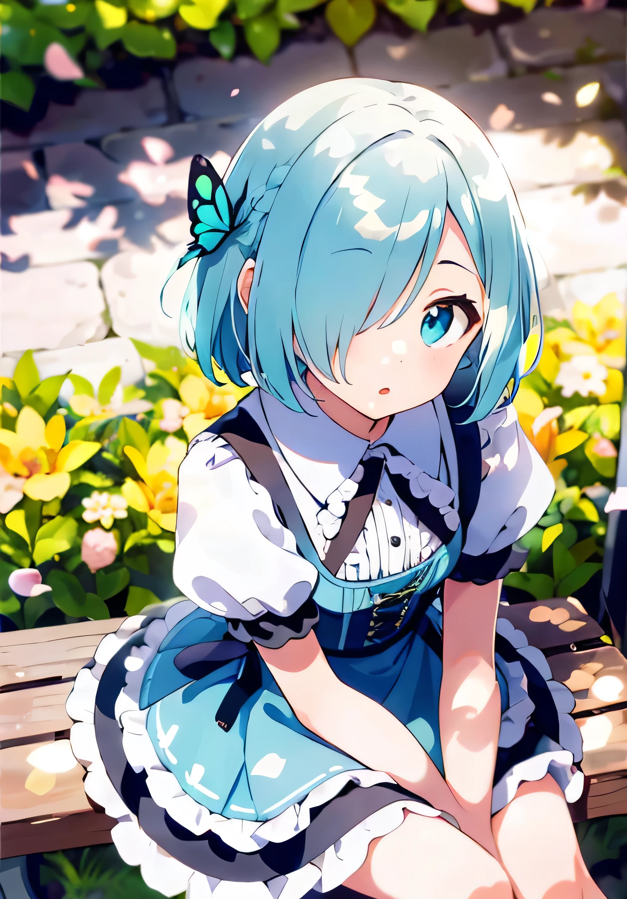 ((solo:1.2)),cute girl sitting on bench in garden,frilled dirndl,from above,looking up,cobblestone pavement,aqua hair,fine bob cut,(hair over one eye),(dappled sunlight:1.2),blurry,(depth of field:1.1),head tilt,:o,(petals),tree,butterfly