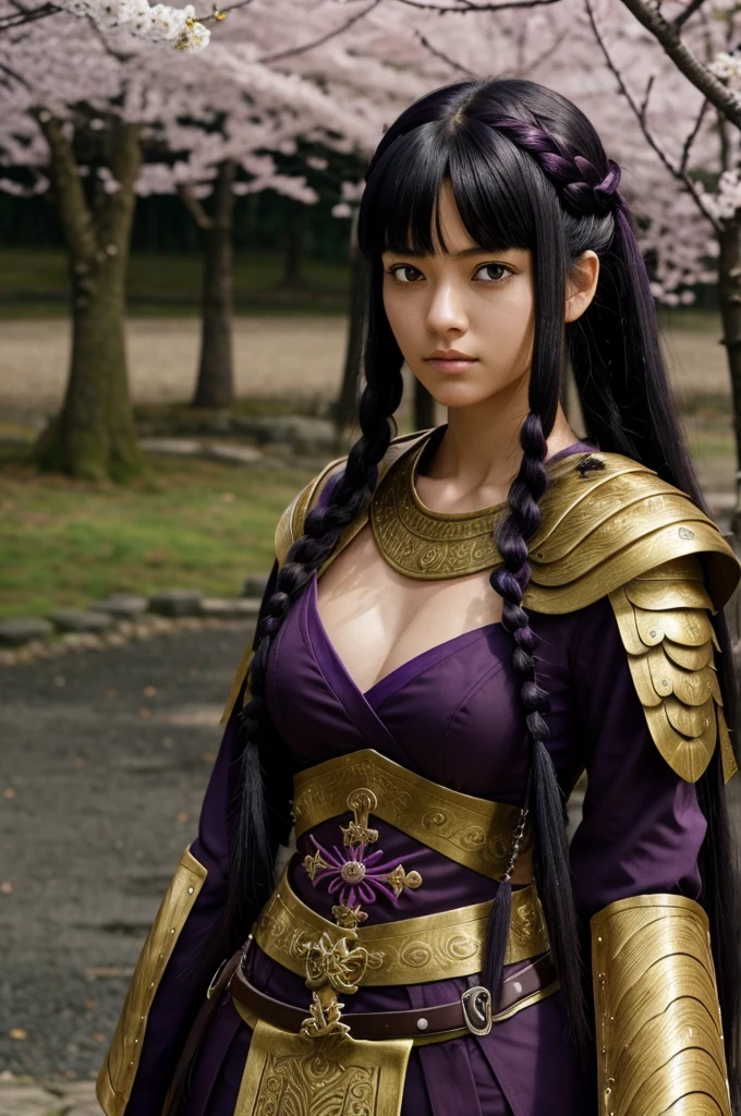 One piece screenshot.
Girl with black hair with dark purple tips collected with a long braid, with bangs.
Tired dark purple eyes and has a serious expression.
He is wearing black and dark gold Japanese armor.. 
In the background there is a cherry tree 