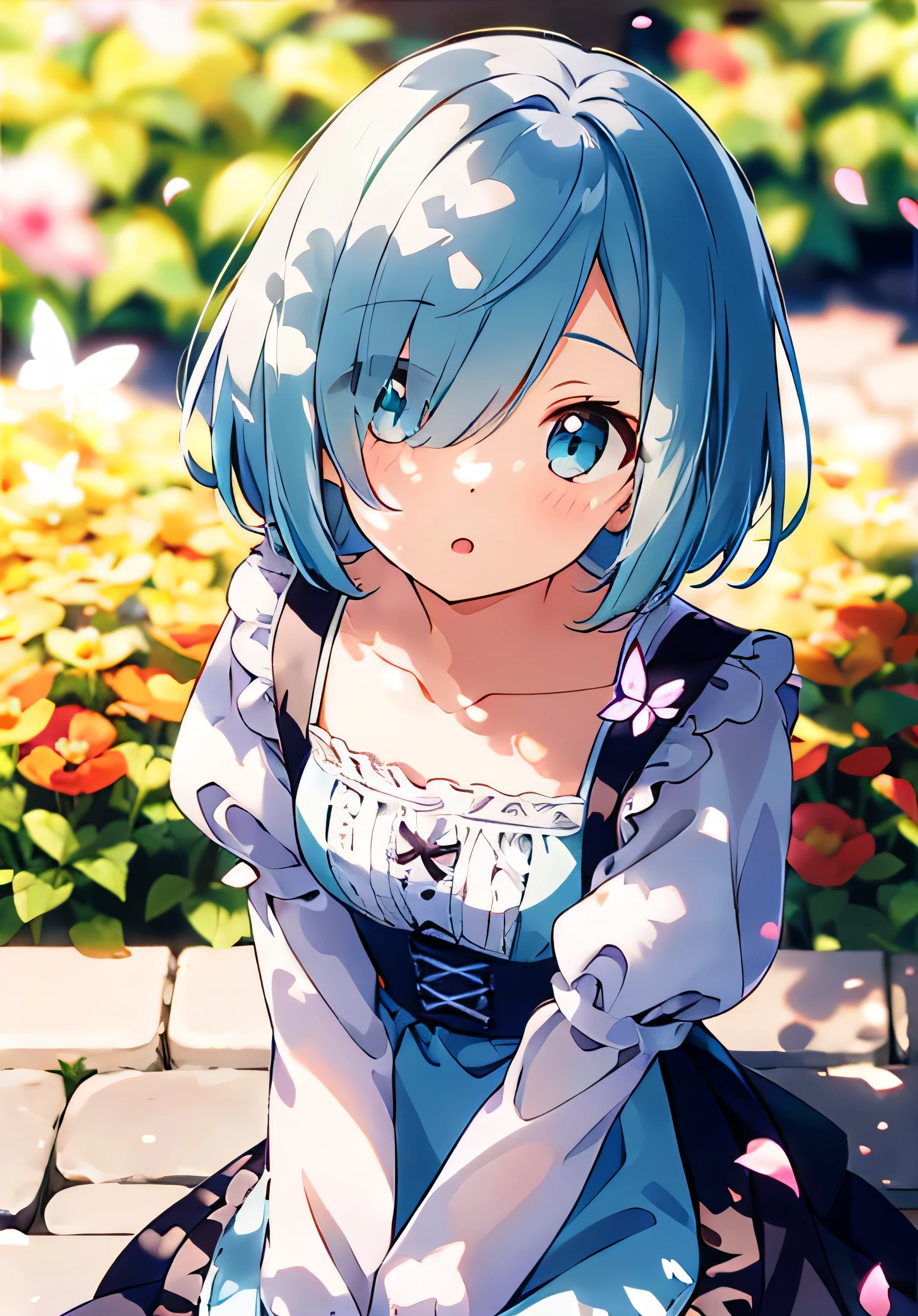 ((solo:1.2)),cute girl sitting on bench in garden,frilled dirndl,from above,looking up,cobblestone pavement,aqua hair,fine bob cut,(hair over one eye),(dappled sunlight:1.2),blurry,(depth of field:1.1),head tilt,:o,(petals),tree,butterfly