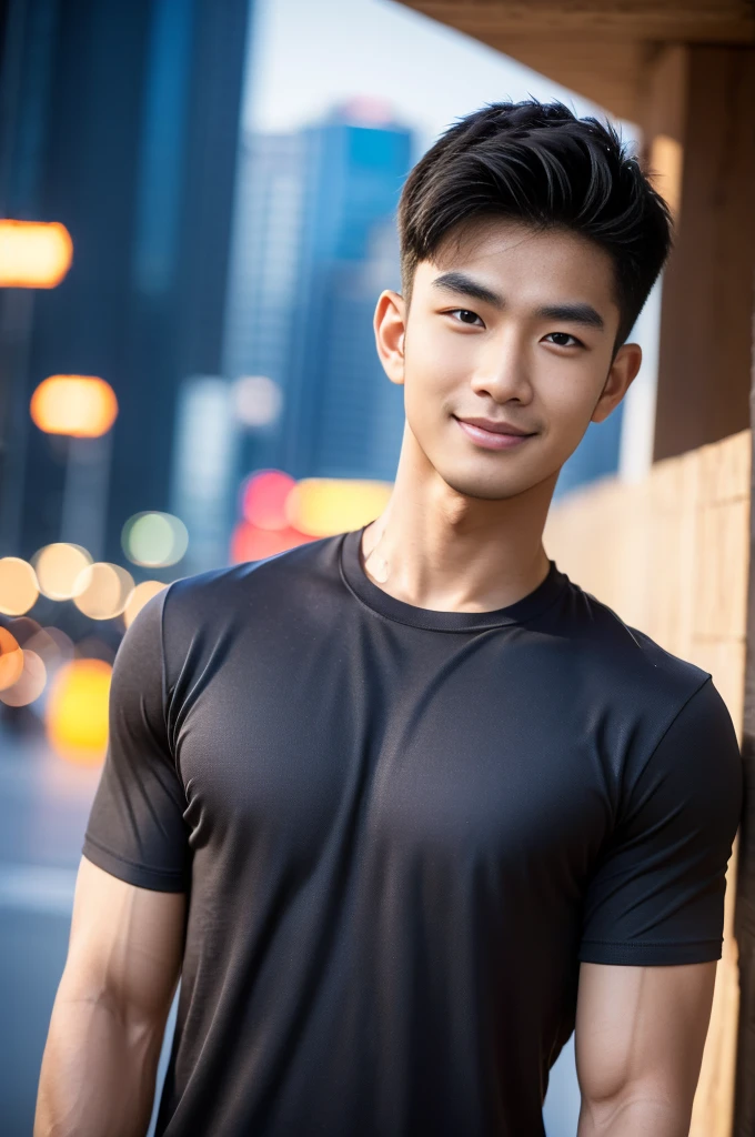 (best quality, 4K, 8k, high resolution, Masterpiece: 1.2), Special details, (realistically, As realistic as a photo, photo realistic: 1.37),Handsome man with big muscles, short hair , Edge lighting, Extra detailed coloring, sharp focus, Physical rendering ,Extremely detailed description,professional,light color,Bokeh,Portrait,look at the viewer, sea beach, Young Asian man, 20 years old ,(Wear a dark mono color shirt.), smile 