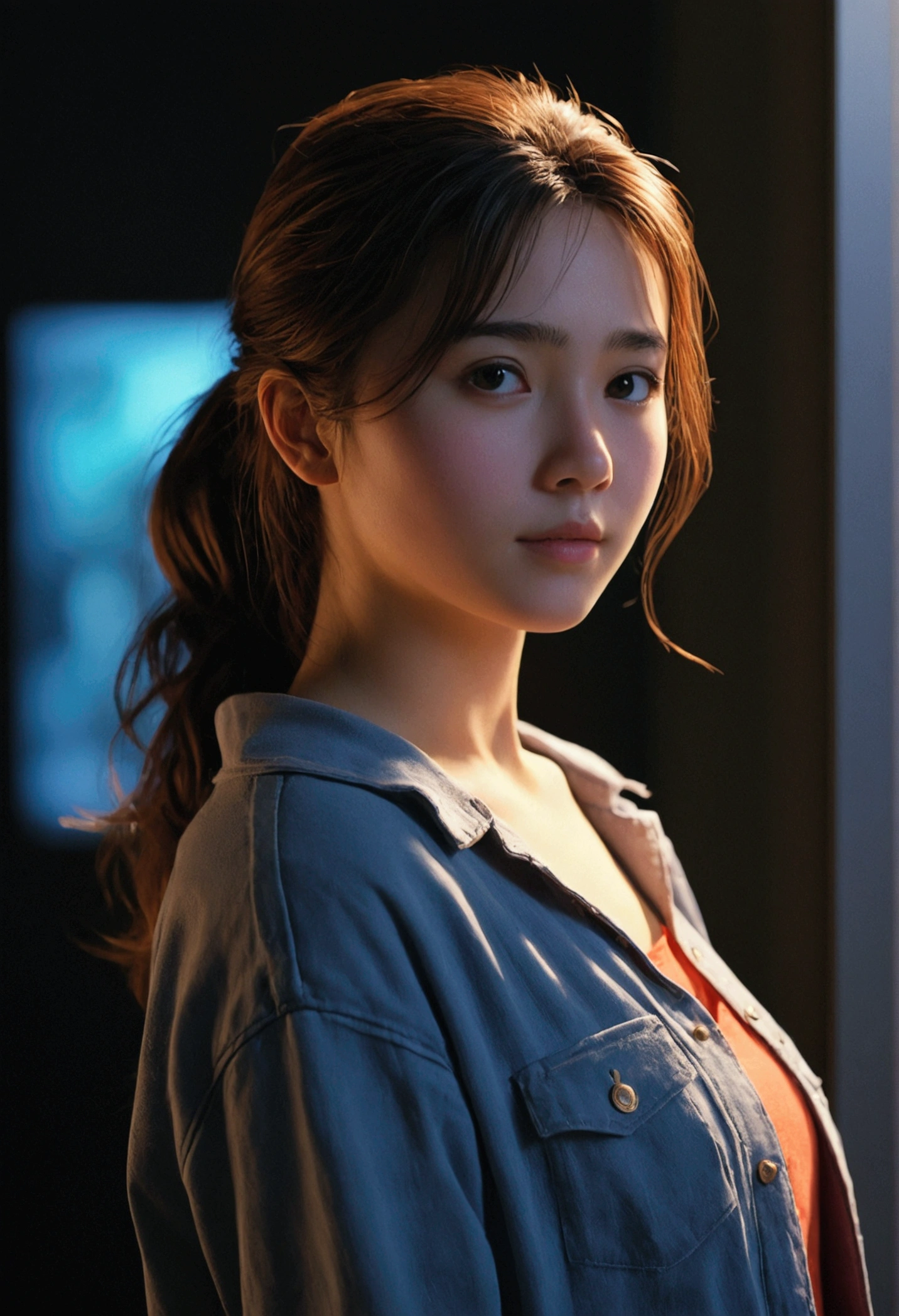 realistic,8k,film,70mm,1girl,solo,upper body,dim,backlight, casual attire, (masterpiece, best quality, ultra-detailed)