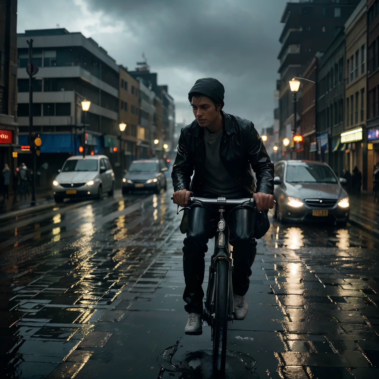 a boy riding a bicycle through the city in rainy weather, soaking wet from the rain, detailed facial features, rain drops on face and body, cityscape background with buildings, cars, puddles, gloomy cloudy sky, moody atmosphere, (best quality,4k,8k,highres,masterpiece:1.2),ultra-detailed,(realistic,photorealistic,photo-realistic:1.37),highly detailed, cinematic lighting, dramatic shadows, vibrant colors, rainy weather, wet surfaces