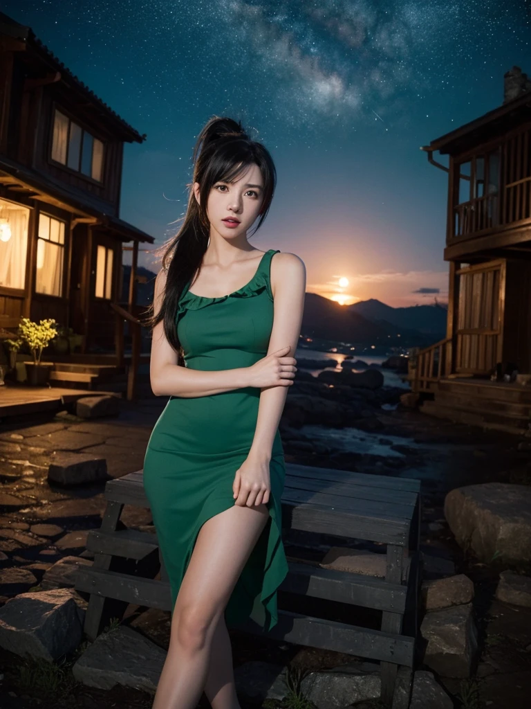 Tifa Lockhart, mksks-style, (Very detailed background:1.0), (Very detailed background:1.0), Final Fantasy VII Remake, (Red Eyes), 1 Girl, Bare shoulders, Aqua blue dress, Black Hair, Green Dress, sleeveless dress , Sundress, house, Long hair, night, night Sky, open mouth, outdoor, Ponytail, sit, Sky, sleeveless, sleeveless dress, Star (Sky), Starry Sky, town, senility, Small Breasts, ((White ruffles)), (White Dress),