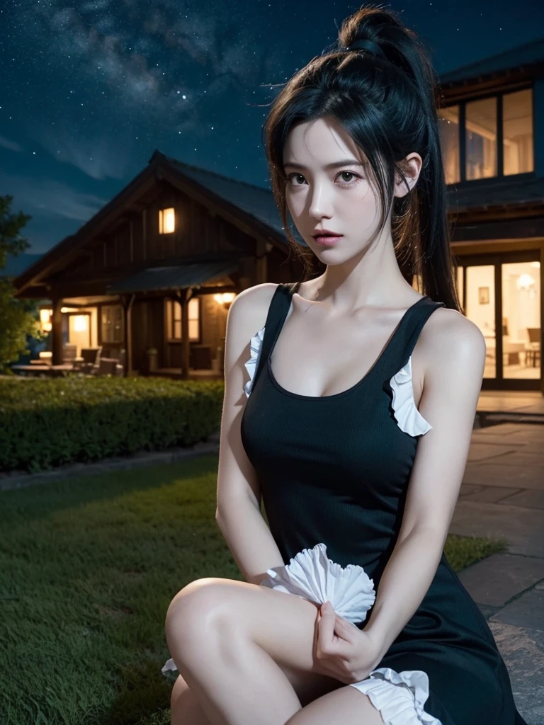 Tifa Lockhart, mksks-style, (Very detailed background:1.0), (Very detailed background:1.0), Final Fantasy VII Remake, (Red Eyes), 1 Girl, Bare shoulders, Aqua blue dress, Black Hair, Green Dress, sleeveless dress , Sundress, house, Long hair, night, night Sky, open mouth, outdoor, Ponytail, sit, Sky, sleeveless, sleeveless dress, Star (Sky), Starry Sky, town, senility, Small Breasts, ((White ruffles)), (White Dress), 