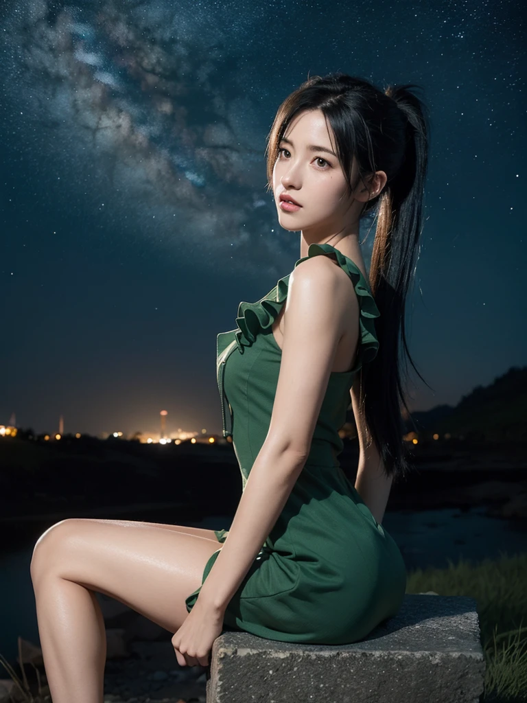 Tifa Lockhart, mksks-style, (Very detailed background:1.0), (Very detailed background:1.0), Final Fantasy VII Remake, (Red Eyes), 1 Girl, Bare shoulders, Aqua blue dress, Black Hair, Green Dress, sleeveless dress , Sundress, house, Long hair, night, night Sky, open mouth, outdoor, Ponytail, sit, Sky, sleeveless, sleeveless dress, Star (Sky), Starry Sky, town, senility, Small Breasts, ((White ruffles)), (White Dress),