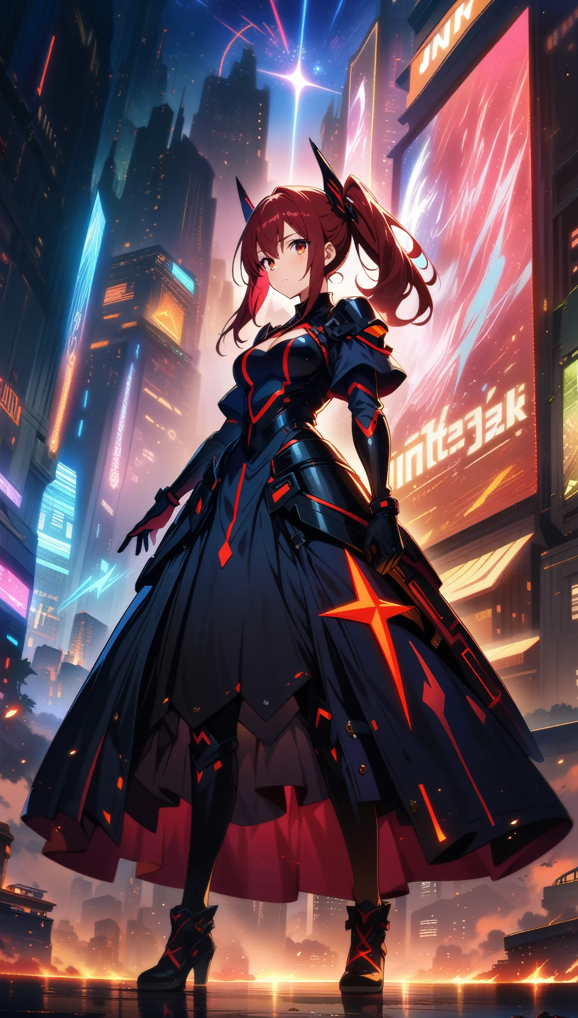 Anime girl in front of a dark red starry sky background in a full body pose in the anime style. Red neon lights and sparkling stars illuminate the night city sky in an anime composition. Fantasy scene with high resolution, high quality, high detail cinematic masterpiece in the style of a long shot with sharp focus and depth of field. --ar 3:4 --niji 6, ((32k)), ((best quality)), ((ultra high res)), ((HDR)), ((UHD)), ((extremely detailed CG)), ((unity 32k wallpaper)), ((perfect anatomy)),