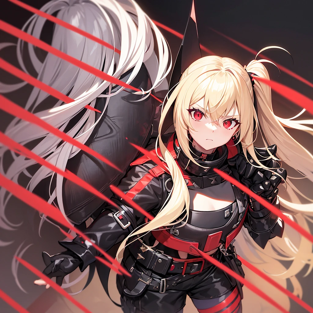Blonde hair, red eyes, side ponytail, black spiked helmet, symbols, bangs, black crop top, dark gray cropped long sleeve jacket, red hog mask on neck, black shorts, belt, black boots, midriff, black choker