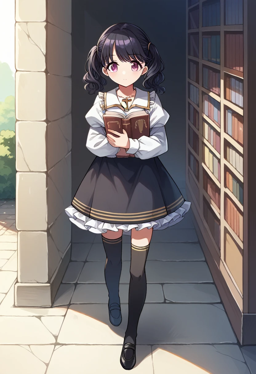 a anime girl in a long black skirt and white shirt walking with books, 1girl, 独奏, thighhighs, twintails, long sleeves, outdoors, Fukumaru Koito, purple eyes, jewelry, black hair, necklace, looking at viewer, cross, lamppost, juliet sleeves, black footwear, priest (ragnarok online), full body, dress, shoes, book, puffy sleeves, bangs, Have staff, He is carrying a book on his waist, High resolution, full body