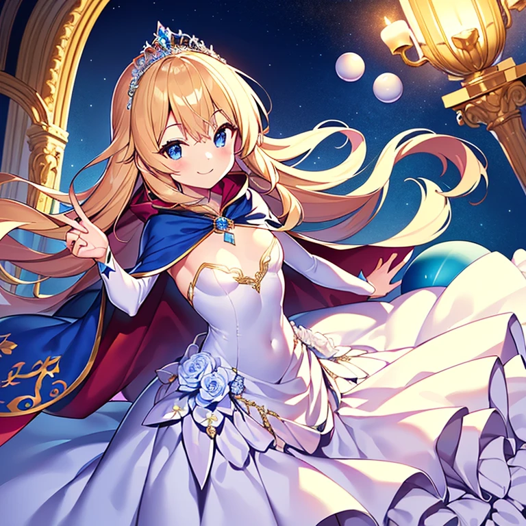 best quality,(long train blue cape:1.15),(long train white ball gown with floral decoration:1.15), a girl is wearing a cape over her dress, anime style, rococo style, little princess, tiara, kind smile, very long hair, small breast, perfect fingers, masterpiece