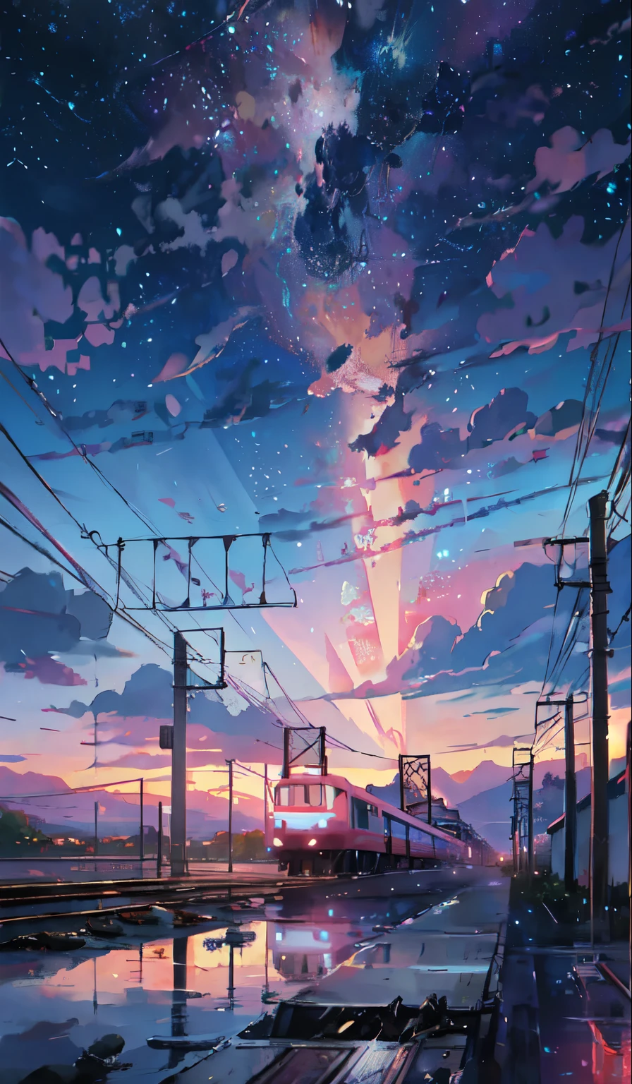 Cartoon train crossing tracks with sky background, A beautiful and harmonious scene, Exquisite animations, Rich details (Width is 672), high quality, Vivid 4K, Artistic 4k wallpapers, Amazing anime scenery, 8k art wallpaper.