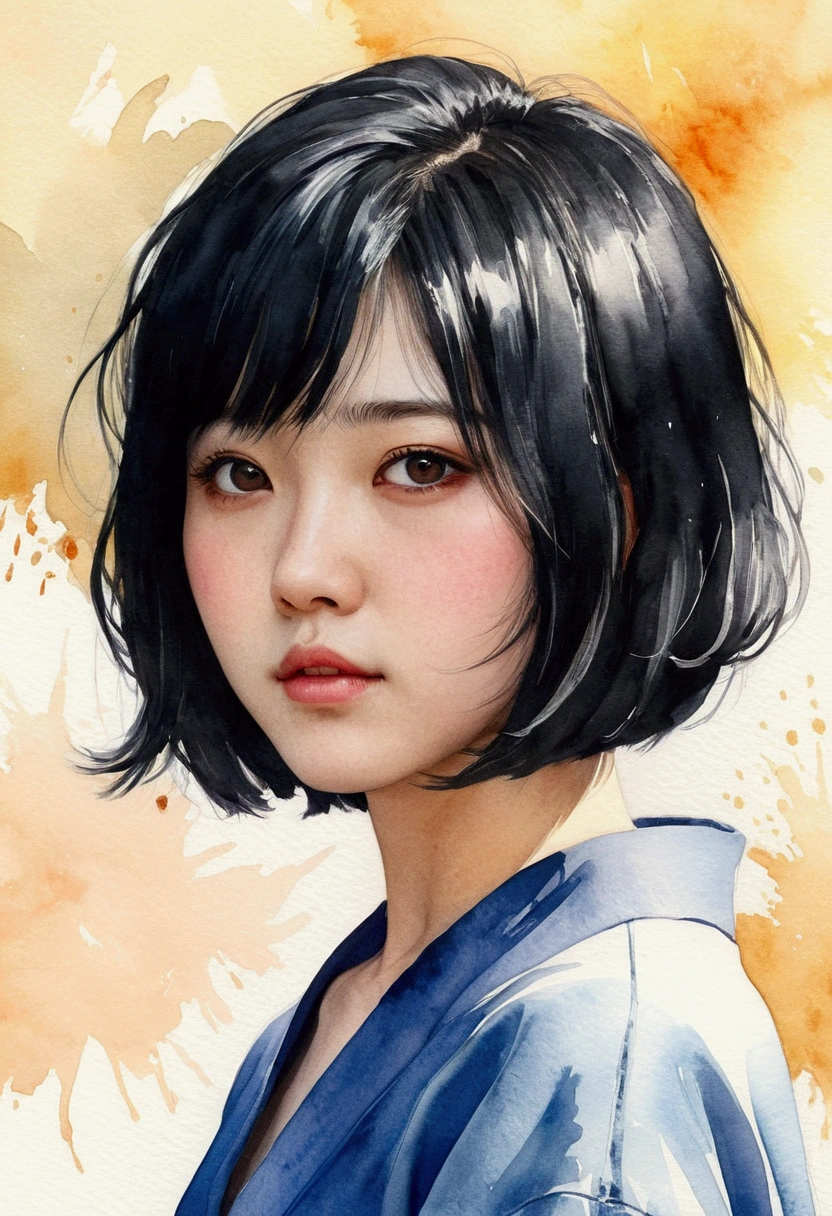 Watercolor style、digitalart、Black Hair Bob、Japan Beautiful Girl、18year old、realistic