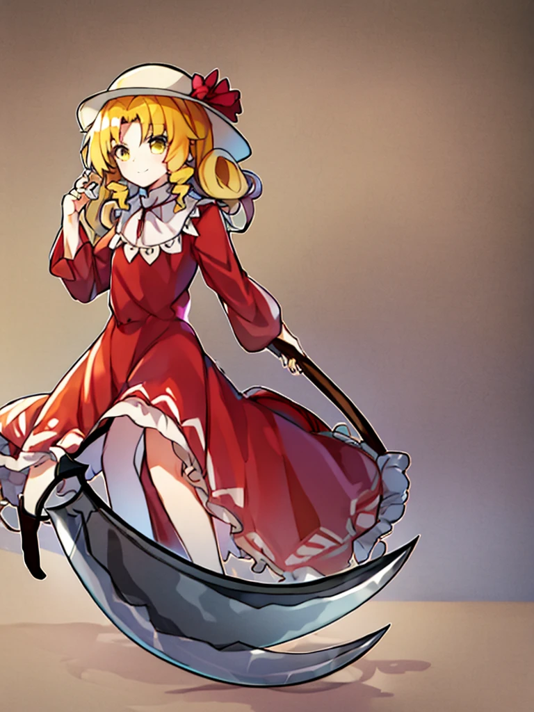 a drawing of an anime character in a red dress and boots with a large scythe, ((high end)), (UHD picture), (best quality,4k,8k,highres,masterpiece:1.2), top-quality(​masterpiece), top-quality, ultra-detailed, highly detailed texture, intricate details, high quality textures, masterpiece, best quality, perfect quality, perfect anatomy, perfect body, perfect symmetrical face, 1 beautiful girl, 1girl, , , , (((loli))), ((cldish)), hat, white hat, blonde hair, long hair, parted bangs, drill hair, well-formed face, yellow eyes, maxi dress, red dress, dress, long sleeves, frills, long skirt, simple background, scythe, holding scythe, holding, white socks, smile, cute face, beautiful, holding scythe