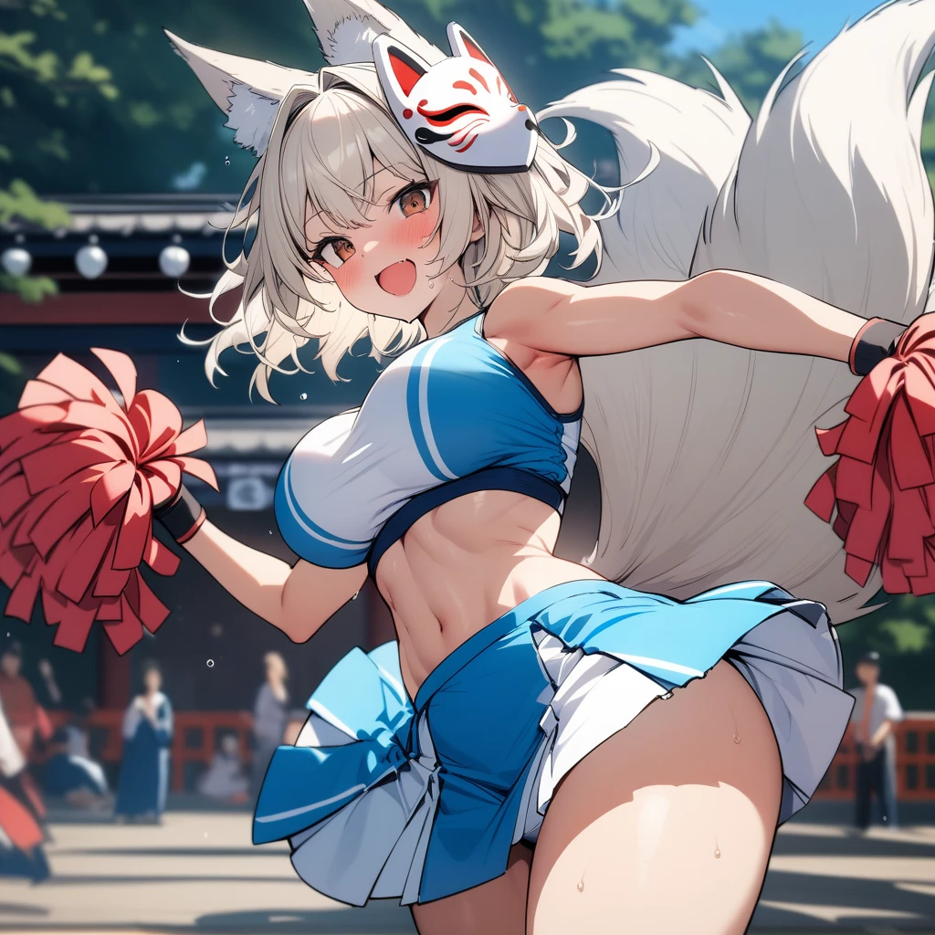 (masterpiece,best quality,very aesthetic),(ultra-detailed),high saturation,1girl,18yo,solo,curvy,(toned:0.7),short stature,a platinum blonde fox tail,large breasts,(platinum blonde fox ears),short hair,platinum blonde hair,beautiful face,(messy hair),(disheveled hair),hair intakes,(sexy cheerleader,underwear for a cheer skirt:1.2),enjoyable,cheerful,(sweat:0.5),drunk,brown foxy eyes,dancing,holding a katana,BREAK,Japanese Festival,japanese shrine,japanese shrine plaza,standing one one leg,cowboy shot,(a fox mask pulled over head)
