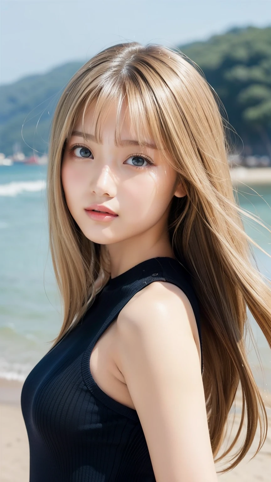 Sexy big , beautiful girl is sexy＆looks cute & Cute beautiful sexy face, A strong wind blows my hair in front of my face,Beautiful short metallic blonde straight hair、Beautiful, cute and sexy eyes hidden by long bangs