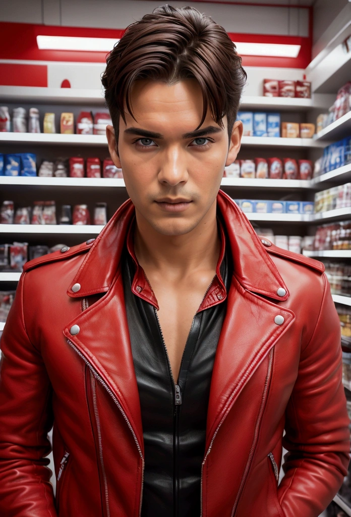 a handsome man in a red leather jacket, in a convenience store, ready for action, Upper part of the body, close up, (looking to the camera), (Sincere, aficionado), (raw, 8k, HD, Fujifilm XT3),