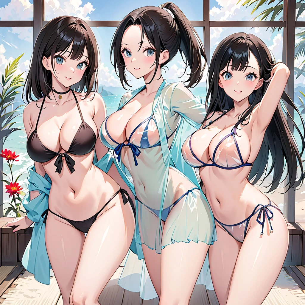 Busty Momo Yaoyorozu in a transparent bikini posing while another Momo is next to Eya posing