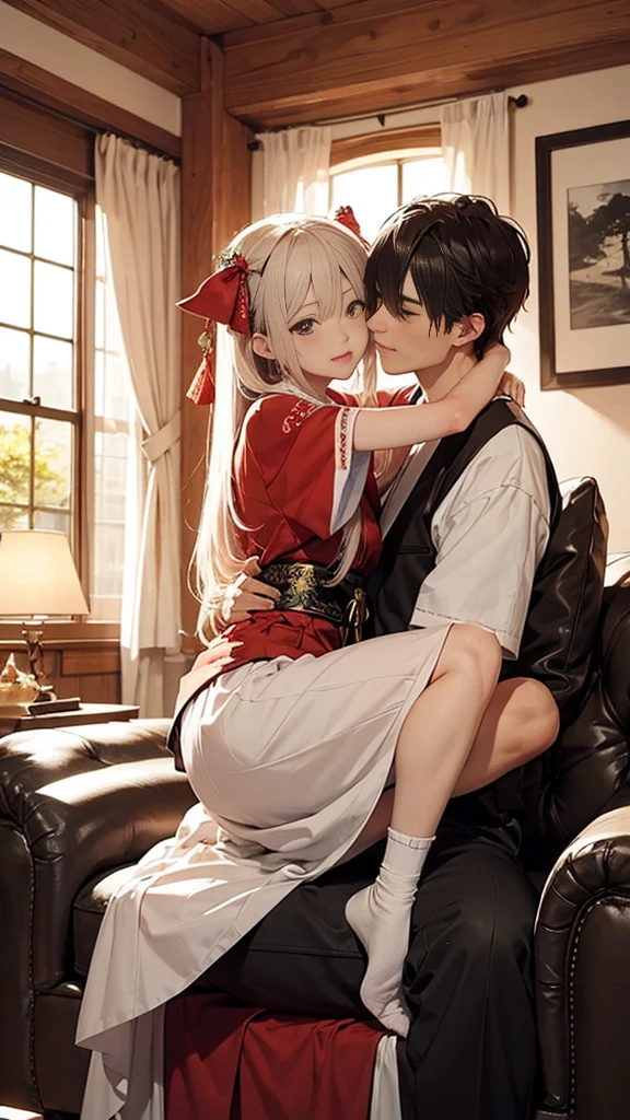 Highest quality、4k quality、Man sitting on sofa、Shrine maiden straddling a man、A man hugs a woman's breast、Man lays hands on woman、Touching the groin、thin、Small face、16 year old beautiful girl、Perfect Anatomy、Detailed eyes and face、sexual behavior、(Correct hands and feet)、Detailed arms and legs