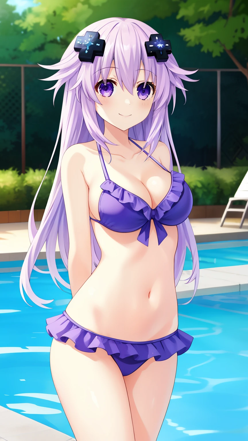 Masterpiece, Best quality, 4k resolution, beautiful eyes, Neptune Non CPU, 1girl, solo, purple eyes, solo, purple hair, hair ornament, breasts, cleavage, d-pad hair ornament, long hair, medium breasts, pool, light smile, arms behind her back, frilly bikini