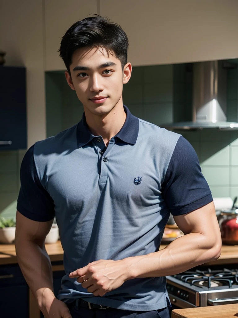 Men with short hair ,30 years old, smile, (Wear a navy polo shirt..: 1.3), round neck, Short sleeve shirt), Caco pants ,young japanese, (high glossy details), , Broad shoulders, Big muscles, looking at the audience, Balancing the eyes, (Make eye contact),(in the kitchen: 1.3)