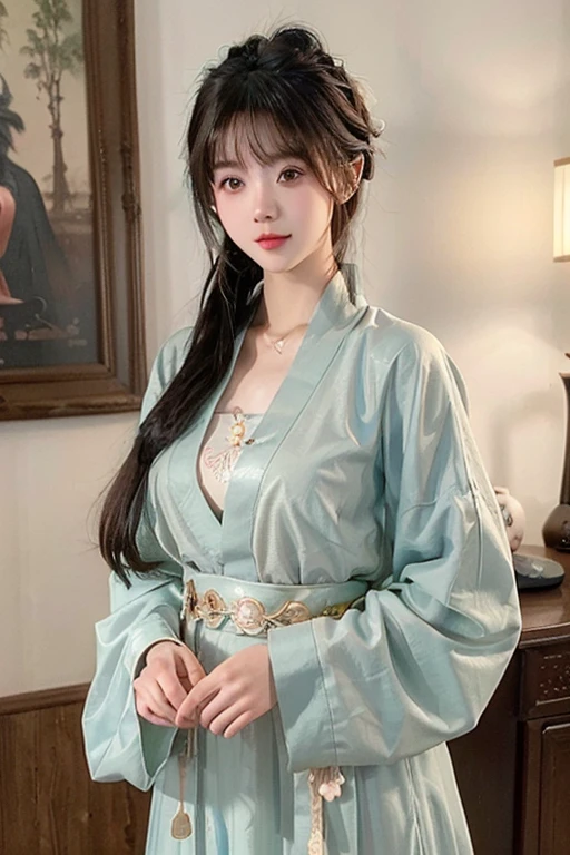 ((masterpiece、best quality))、shape、super detailed、8k、actual、sharp focus、Very detailed、professional lighting、spotlight、Colorful details、Detailed texture，A stunningly beautiful girl，(most suitable hairstyle:1.4)、(in the most helpful way:1.3)、(Half-length photo:1.4)、beautiful breasts、perfect style、Body、18 years old、Smile、wearing hanfu