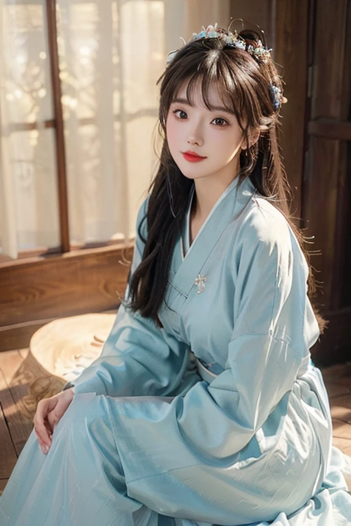 ((masterpiece、best quality))、shape、super detailed、8k、actual、sharp focus、Very detailed、professional lighting、spotlight、Colorful details、Detailed texture，A stunningly beautiful girl，(most suitable hairstyle:1.4)、(in the most helpful way:1.3)、(Half-length photo:1.4)、beautiful breasts、perfect style、Body、18 years old、Smile、wearing hanfu