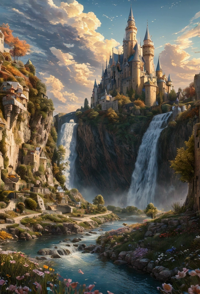 masterpiece, Best Quality, high quality, extremely detailed CG unit 8k wallpaper, landscape, exterior, sky, cloud, day, large medieval castle, nonhuman, Mountain, landscape, Water, tree, blue sky, Waterfall, cliff, nature, lake, river, village, autumn, cloudy sky, multicolored flowers, award-winning photography, bokeh, depth of field, HdR, bloom, chromatic aberration, photorealistic, extremely detailed, trend in artstation, trend in CG society, complex, High detail, dramatic, mid-journey art