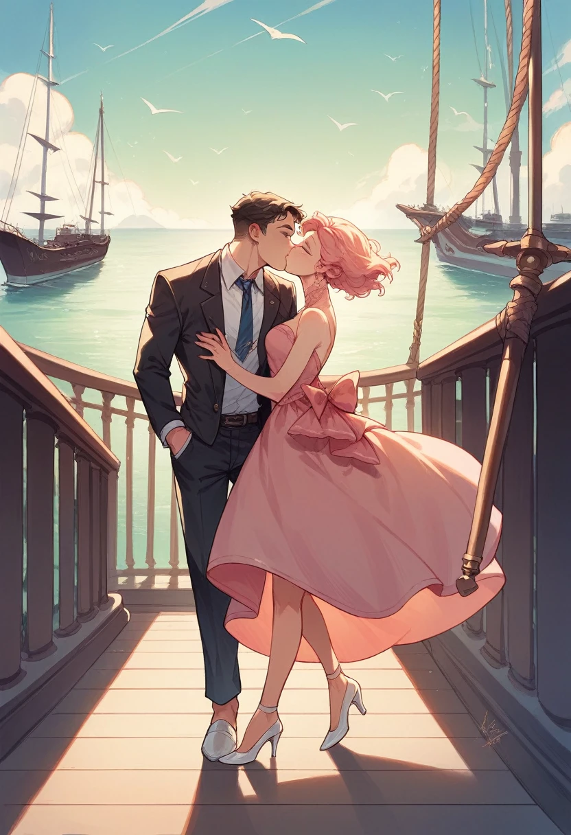 Beautiful black woman, blue eyes, walking on a luxury ship, pink dress and white high heels, 1 marine man, he kisses and runs her dress with his hand