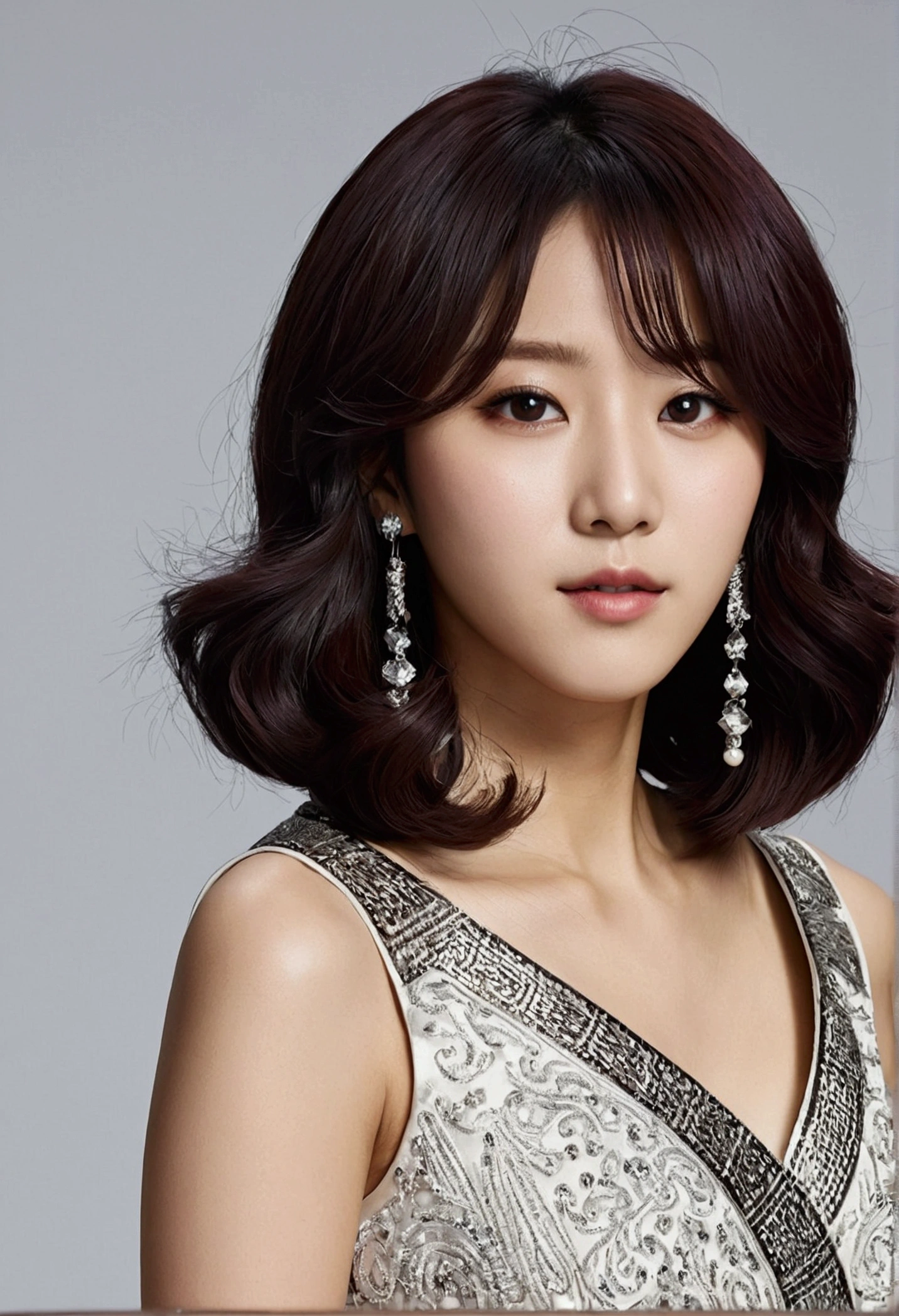 Eunji KimAparência:Height: 1,65mCabelo: blackw, typically styled into a modern bob cut, but she likes to switch to long voluminous curls in performances.eyeballs: Castanhos escuros, often highlighted with smoky makeup.Skinned: dark skin tone.styled: Eclectic and bold, mixing modern trends with traditional Korean touches. Eunji loves clothes with unique cuts, metallic fabrics and vibrant colors.nationality: on-Korean
