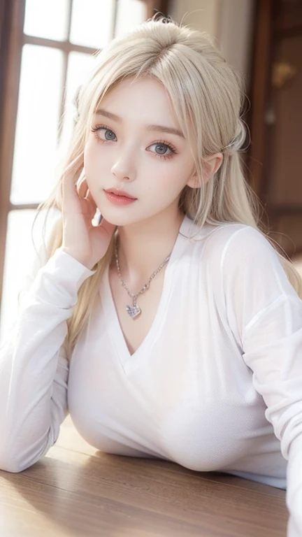 ((Highest quality))、((Very detailed))、(Huge breasts:1.2)、(Wide Hips:1.2)、20-year-old、(Detailed eyes:1.3)、Beautiful body lines、(Random gravure idol poses)、Platinum Blonde Hair、(Long sleeve shirt:1.4)、Beautiful location、historical buildings、Heart Necklace