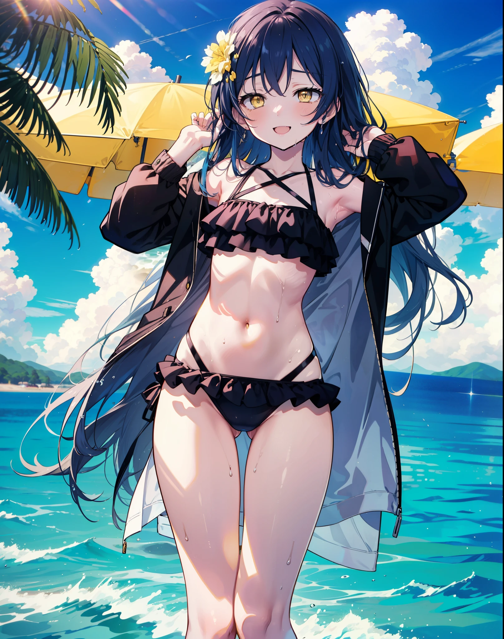 Umi Sonoda, Long Hair, Blue Hair, (Yellow Eyes:1.5) (Flat Chest:1.2),,happy smile, smile, Open your mouth,Black bikini swimsuit with frills,barefoot,Water Play,True Summer,Clear skies,Daytime,Wet swimsuit,Wet Skin,Wet Hair, break looking at viewer, whole body, (Cowboy Shot:1. 5) break outdoors,Beach, break (masterpiece:1.2), Highest quality, High resolution, unity 8k wallpaper, (shape:0.8), (Beautiful and beautiful eyes:1.6), Highly detailed face, Perfect lighting, Highly detailed CG, (Perfect hands, Perfect Anatomy),
