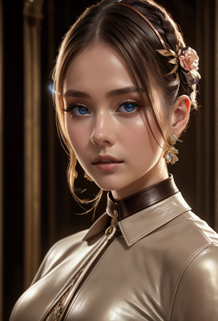 Best Quality, masterpiece, High resolution, 1 girl, porcelain dress, Hair Accessories, collar, jewelry, beautiful face, in the body, Tyndall effect, realist, Dark studio, Edge lighting, Two tone lighting, (high detailed leather: 1.2), 8k UHD, DSLR, luz outfit, high quality, volumetric light, Sincere, Photo, High resolution, 4k, 8k, background blur,