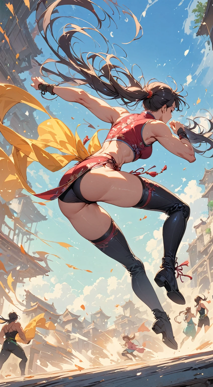 beautiful muscular woman and doing a jumping kick, facing away, six pack, long twin tails ,women in background , Chinese dress crop top, and leggings and thigh high boots, full body portrait