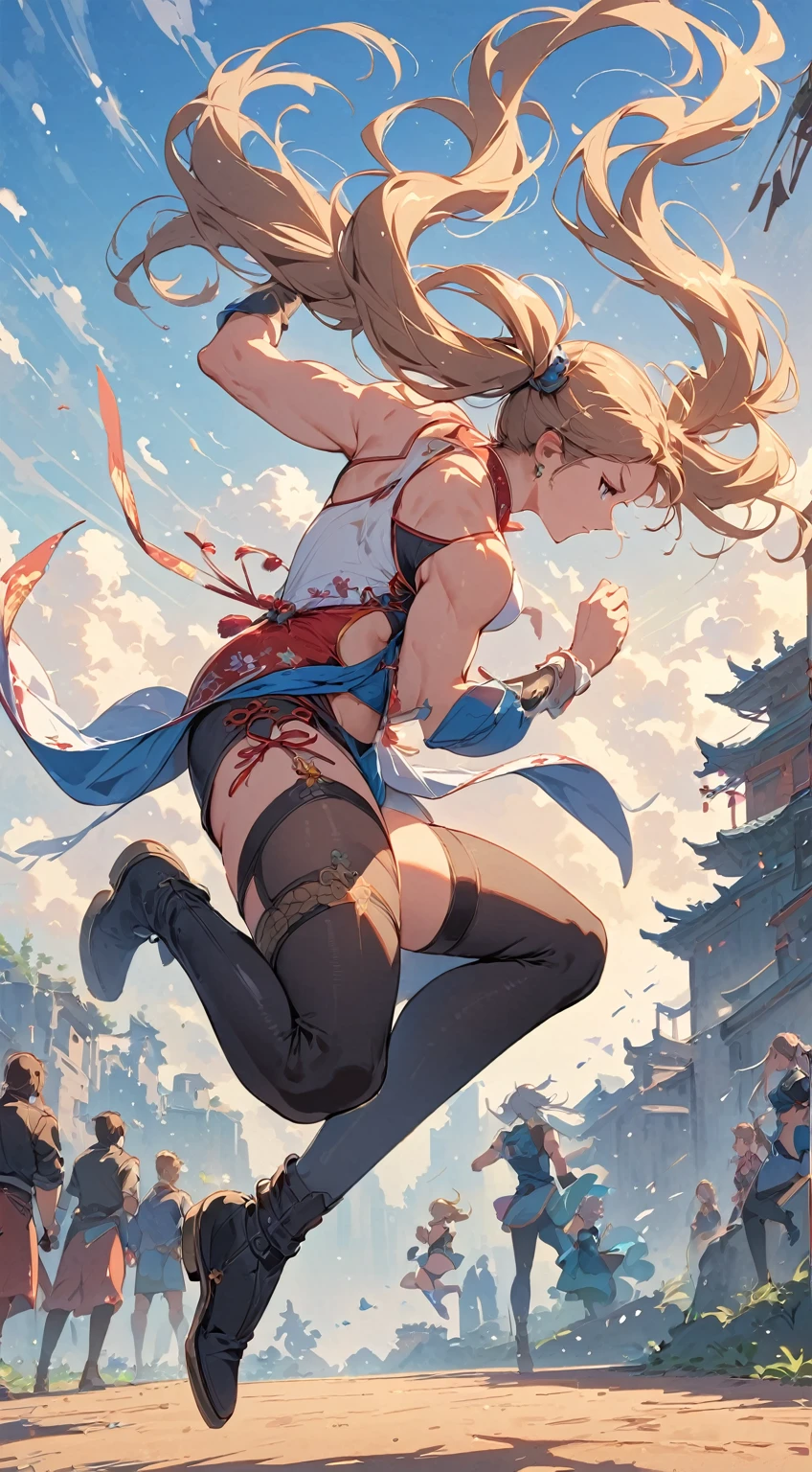 beautiful muscular woman and doing a jumping kick, facing away, six pack, long twin tails ,women in background , Chinese dress crop top, and leggings and thigh high boots, full body portrait