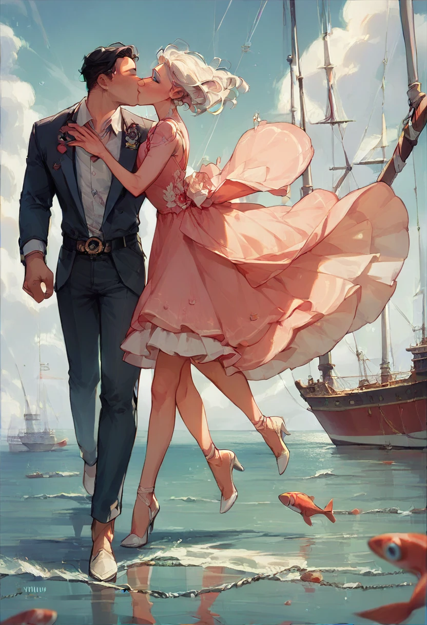 Beautiful black woman, blue eyes, walking on a luxury ship, pink dress and white high heels, 1 marine man, (((he kisses and runs her dress with his hand)))