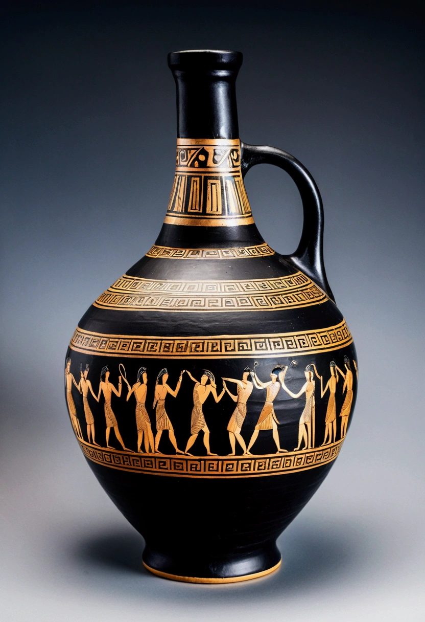 (Ancient Greek Art), bottle painting on Pottery, black painting style, award-winning, cinematic still, emotional, vignette, dynamic, vivid, (masterpiece, best quality, photorealistic, Professional, perfect composition, very aesthetic, absurdres, ultra-detailed, intricate details:1.3)
