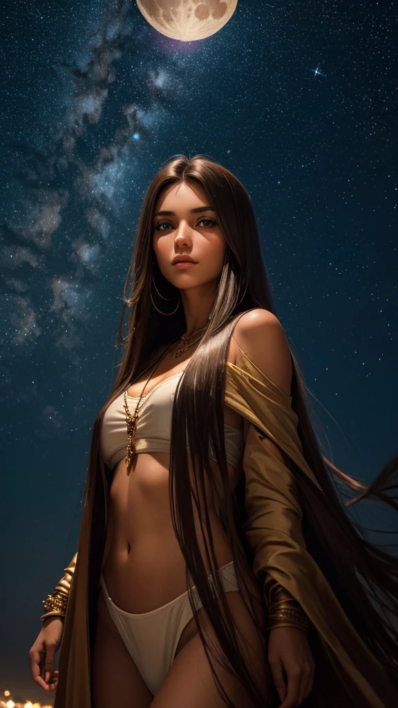 cinematic portrait of a beautiful young Caucasian woman, skin tanned, Eye Brown, long straight hair, on a night with a starry sky and a big moon in the sky, Ablaze, Spiritual Aura